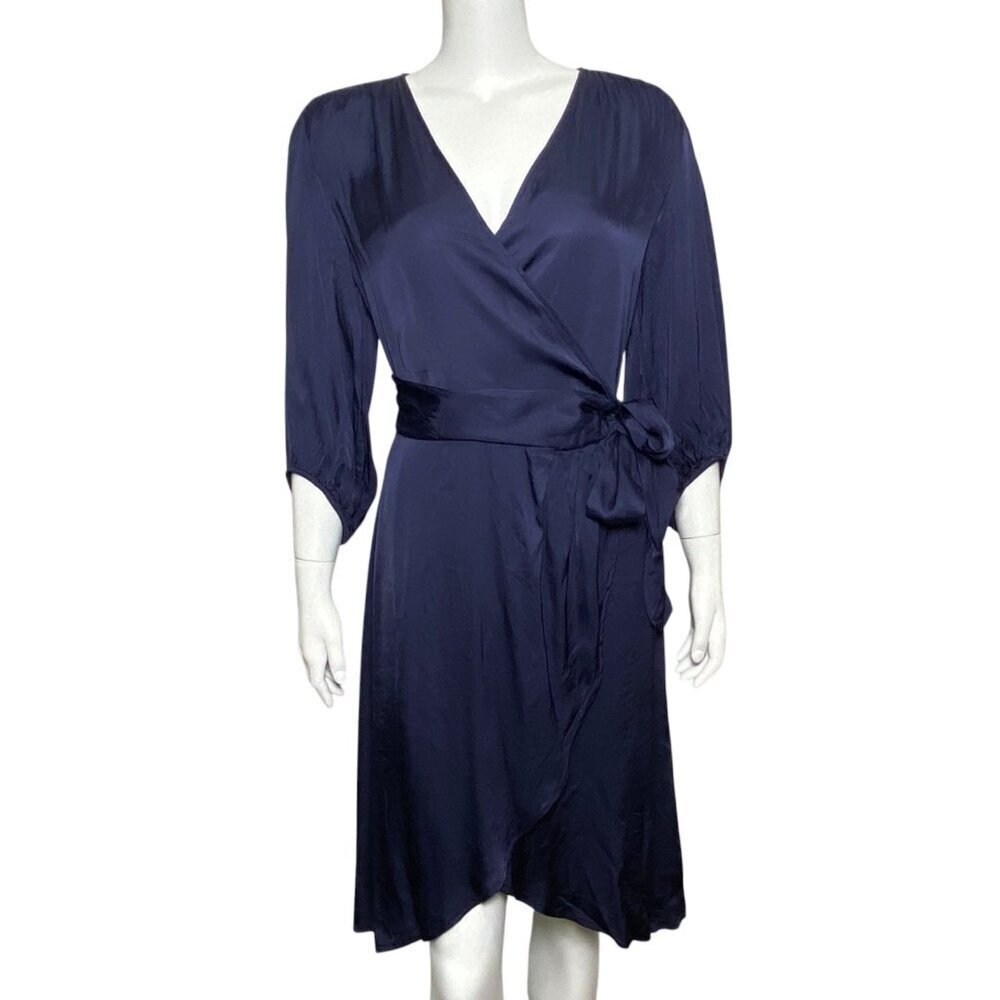 Soaked Studio Satin Eline Wrap Dress Navy Blue V Neck Half Sleeve